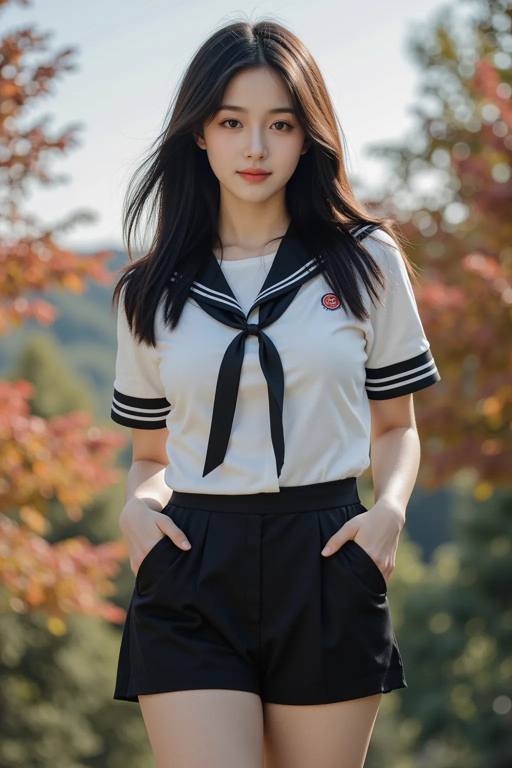 (Real Japanese Best beautiful Super Giant Schoolgirl), (Super Best masterpiece, Raw Photography Art), (16k, best image quality, super high definition), (Small face, Thick black hair, semi-long hair), (Japanese school girls uniform, Super short miniskirt), ...