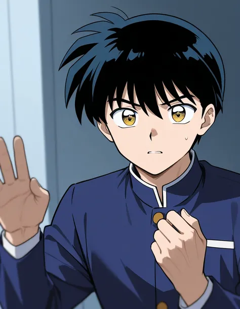 One boy. A sixth grade of primary school normal student with black short hair, light cold-dead golden eyes, wearing  blue school uniform. The boy has a dead expression. bored, hopeless. inuyasha manga cover art style. College different emotions.