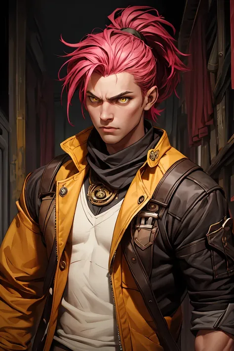 Score_9, Score_8_up, Score_7_up, Score_6_up, anthro,\(quality\), L0LSPL4SH, year2024, year2023, 1male, solo, long pink dreads, dark skin, yellow eyes, dominant posture, crazy look, upperbody, long yellow jacket, open jacket, black tank top, posing, holding...