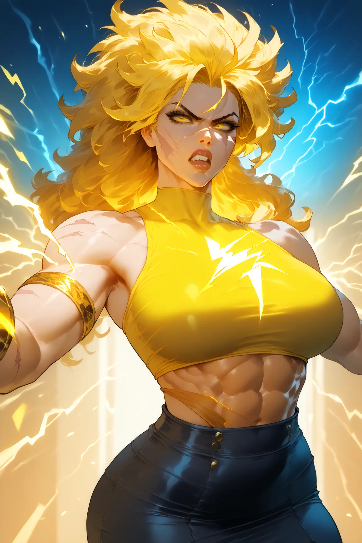 Female,athletic body, serious look, Crystal Yellow eyes, full lips, snarling, long white messy hair, scarred body, scarred face, yellow lightning bursts from his outstretched hands, his muscles tense, there is nothing on his upper body, a long black skirt ...