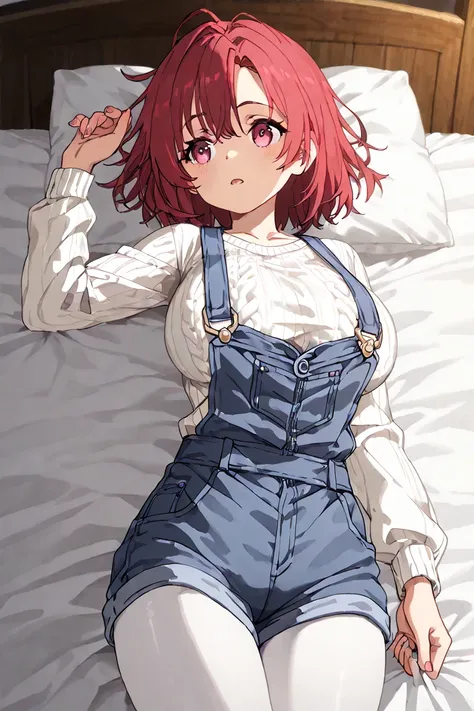 NSFW、Cowherd Girl 、Red Hair Short Hair、big breasts、thin body、 white tight knit 、overalls、on the bed