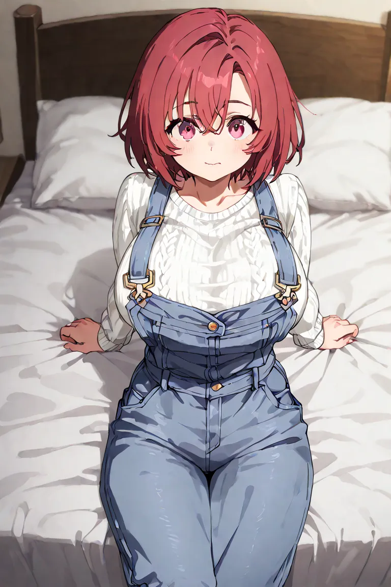 NSFW、Cowherd Girl 、Red Hair Short Hair、big breasts、thin body、 white tight knit 、overalls、on the bed