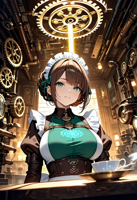 masterpiece,high score,great score,absurdres,1girl,solo, round jawline, round chin ,curvy,Automata,maid,maid headdress,brown dress, mint green dress, two-tone dress,cute pose,upper body,eyes focus,
steampunk cafe background, brass gears rotating, pipe orga...