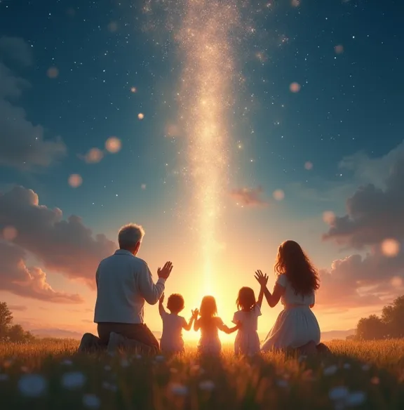 A united family praying to heaven on a starry night with sparkles