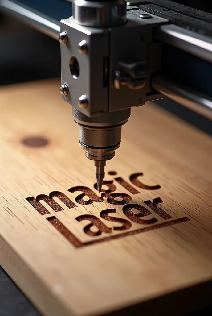 Logo of a laser machine writing "magic laser" in the wood.  front view .