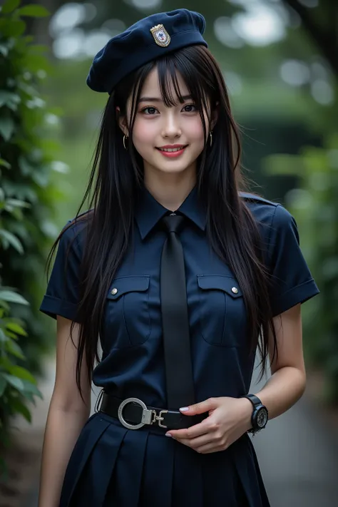 A photo of a cute, smiling young woman with long black hair and light skin. She is wearing a dark blue police officer's uniform, including a short-sleeved shirt, pleated skirt, cap, and dark blue tie. A black belt with handcuffs is visible. Her hands are p...