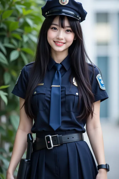 A photo of a cute, smiling young woman with long black hair and light skin. She is wearing a dark blue police officer's uniform, including a short-sleeved shirt, pleated skirt, cap, and dark blue tie. A black belt with handcuffs is visible. Her hands are p...