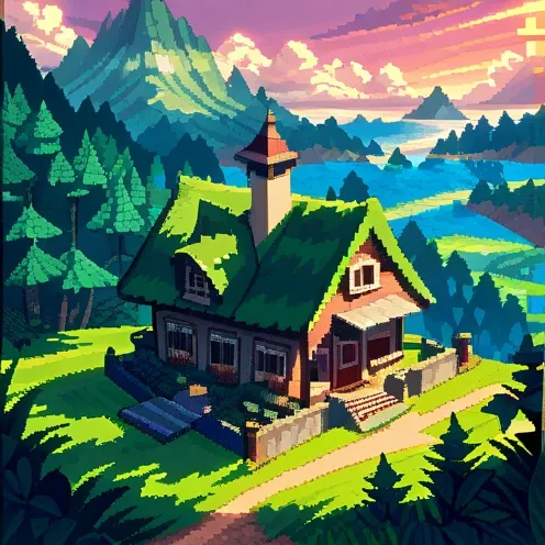  on the hill　It has a certain charm　Single-story house　 bright　Pixel art　Gradation