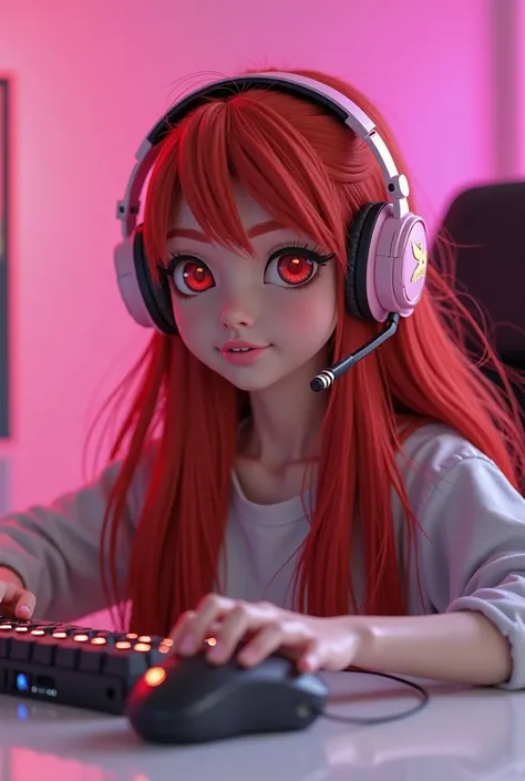 Create a gamer with long red hair. With a pink headset, with a gamer setup with a super pink and white background, ultra realistic 3d keyboard smiling looking forward, Using pink keyboard and mouse