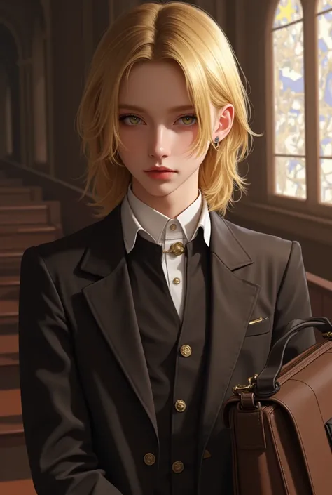 (top quality, 4K, masterpiece :1.3) a cute eighteen beautiful european man, blond man, pale skin, very pale amber eyes, slanted eyes, dressed like a priest, holding a teacher's bag, beautiful detailed eyes, earring, shy look, romantic church landscape, del...