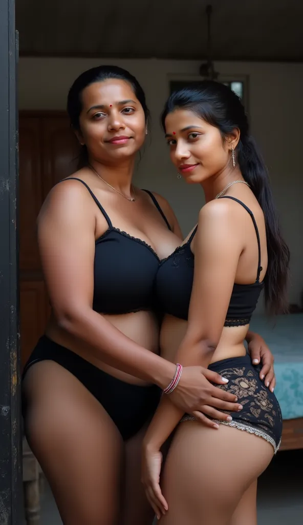 in indian big empty slum bedroom a very fat huge chubby black skin man and a tall sexy white skin woman, woman with black dot bindhi and red sindoor near her hairline, woman with thick fat curvy mom body physique, woman with black ponytail hair, woman wear...