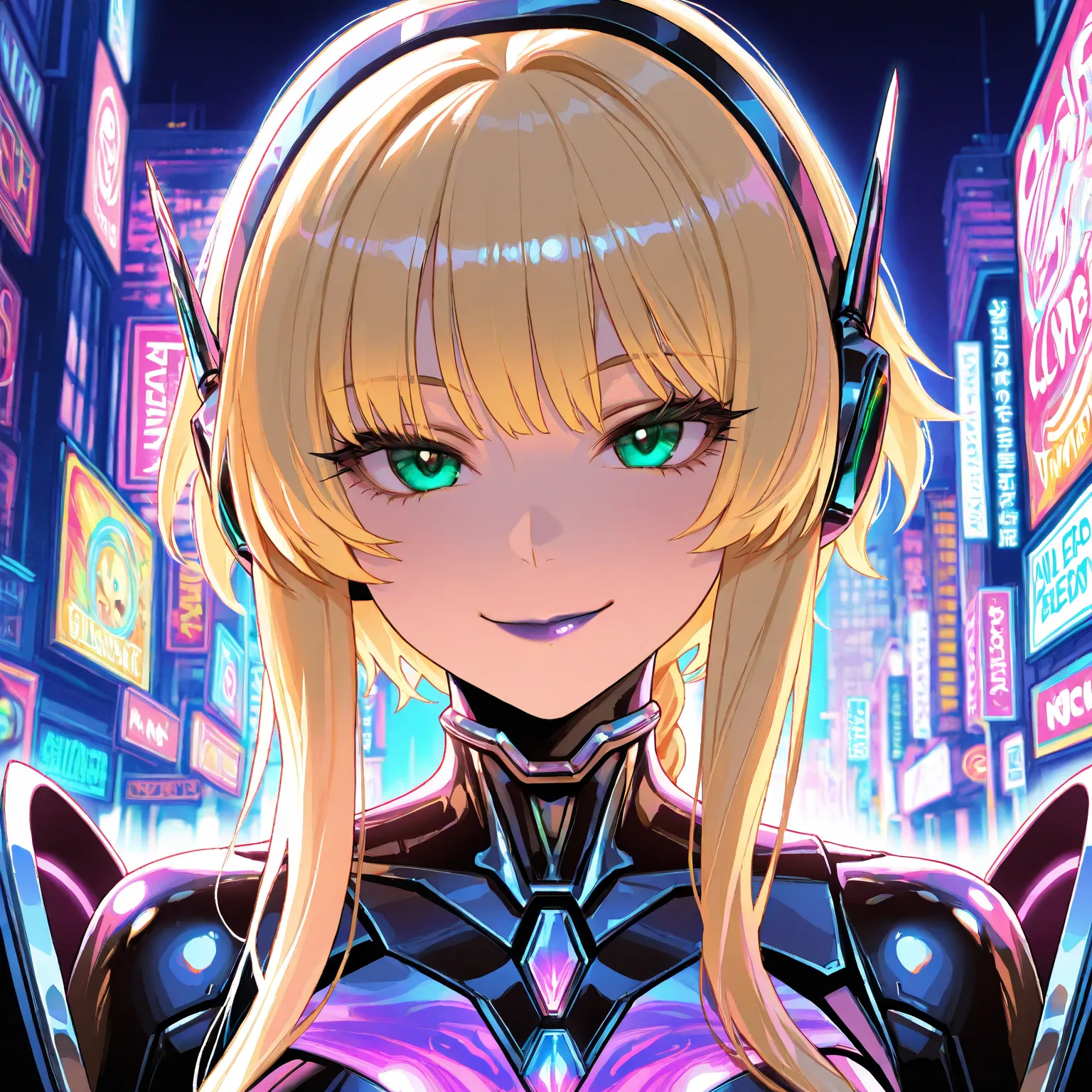 Extremely sexy unique beautiful comic book woman who has a sexy smile and is a half dark chrome full body robot woman with long wavy blonde hair in messy fishtail braids and bright green eyes. Neon Cyber robot suit. Big dark chrome purple lips and very lon...