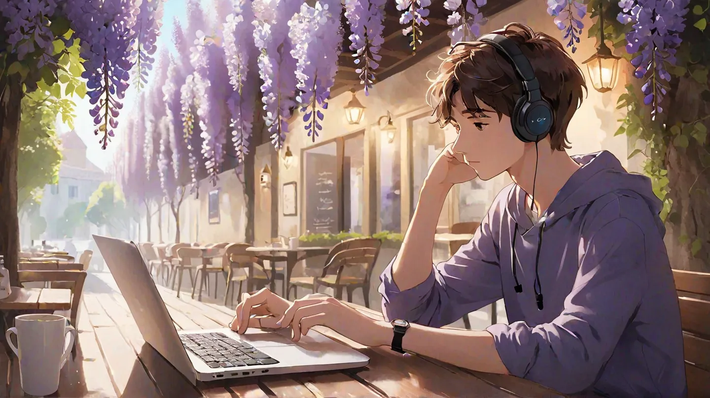  cafe terrace seat、 man studying、18 years old、headphones、 laptop、Cafe latte、 wisteria flower