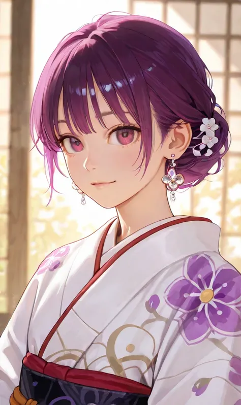 masterpiece,high definition, is ridiculous,  Rating :Blatant,Highest quality, 
full body、Purple Hair、1 girl, solo, long hair, high definition, big breasts, earrings,  kimono、