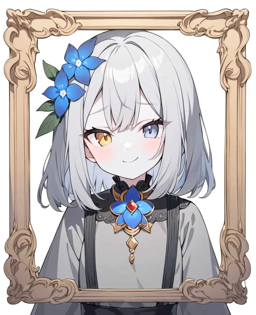 Girl, slim, young, painting, inside a frame, a living portrait, grey skin, grey short hair, heterochromic eyes, red left eye, grey right eye, blue flower on her head, gold brooch, grey clothing, painting frame, smug