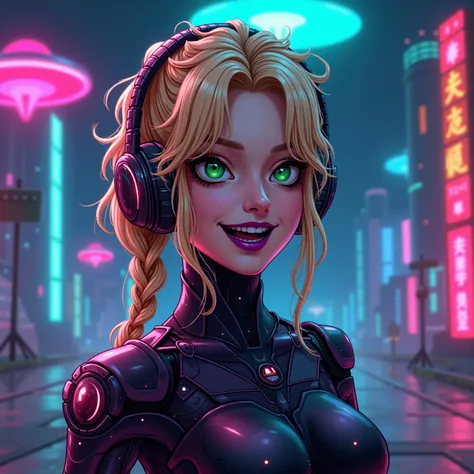 Extremely sexy unique beautiful comic book woman who has a sexy smile and is a half dark chrome full body robot woman with long wavy blonde hair in messy fishtail braids and bright green eyes. Neon Cyber robot suit. Big dark chrome purple lips and very lon...