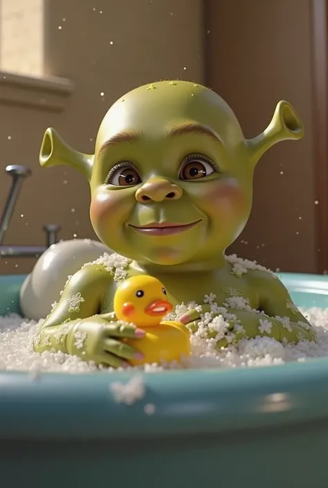 image presents an enchanting and lively scene that appears to be a digital illustration or photomontage inspired by the Shrek animation franchise.  In the center of the composition , stands out an adorable baby with striking features of the famous ogre Shr...