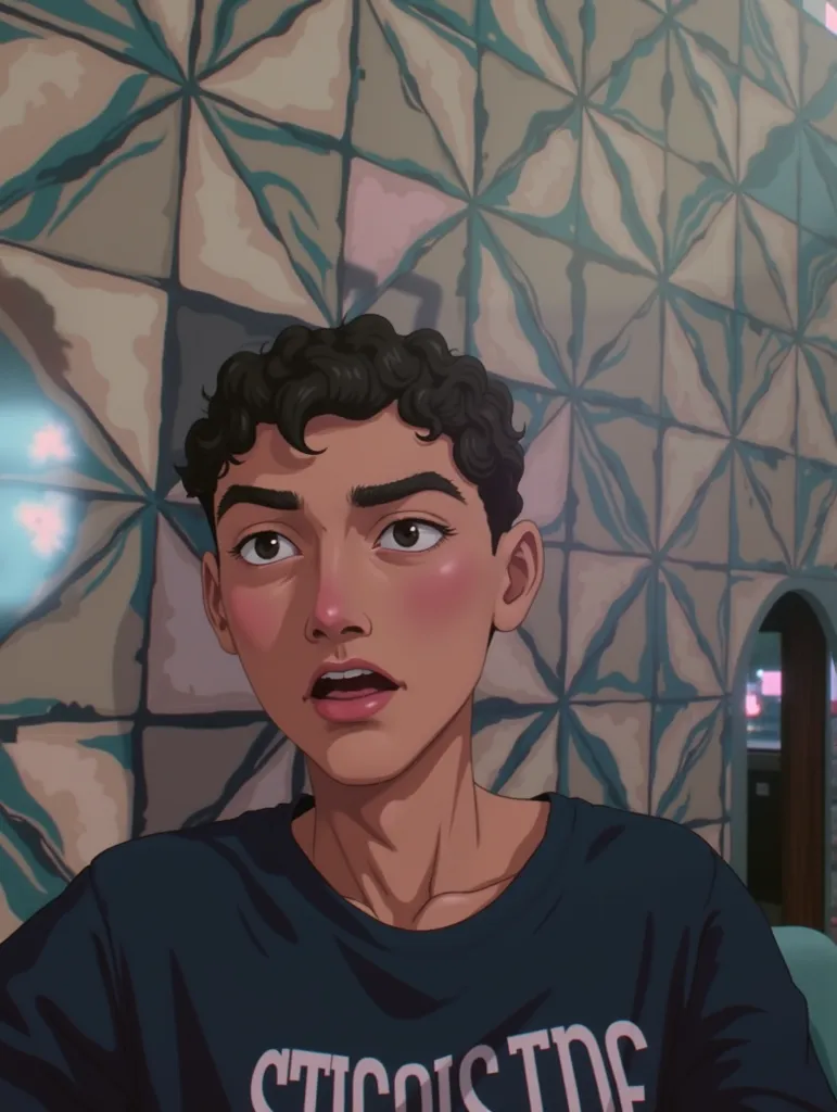 A middle eastern man, 21 years old, anime, with black curly hair and fair skin, wearing a blue t-shirt in a room with geometric wallpaper