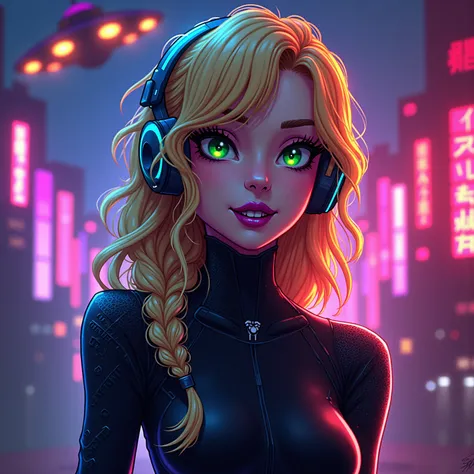 Extremely sexy unique beautiful comic book woman who has a sexy smile and is a half dark chrome full body robot woman with long wavy blonde hair in messy fishtail braids and bright green eyes. Neon Cyber robot suit. Big dark chrome purple lips and very lon...