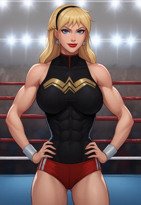 safe_pos, PonyXLV6_Scores BREAK (((parody style, parody:1.2)), perfect anatomy, cowboy shot) 1girl, blonde hair, french braid, blue eyes, ((looking at viewer)), hairband, star earrings, black wrestling singlet, curvy,  athletic, standing, hands on hips, in...