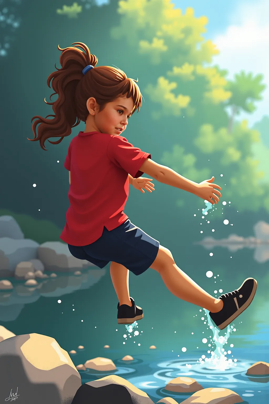 Use reference for face and hair. Exact copy of the face from the reference image. The exact face from the source image of a young girl in a red shirt, black shorts, and black shoes. Curly ponytail hair. She almost drowns in the river. 2D Art style