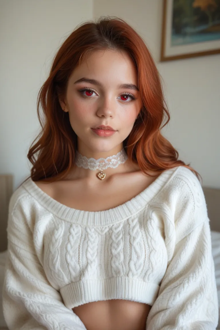  RAW Photo, ( 18 year old redhead girl:1.2), makeup, blush, neck lace choker, realistic skin texture, oversized knitted jumper, red eyes, softcore, warm lighting, Cozy atmosphere, instagram style