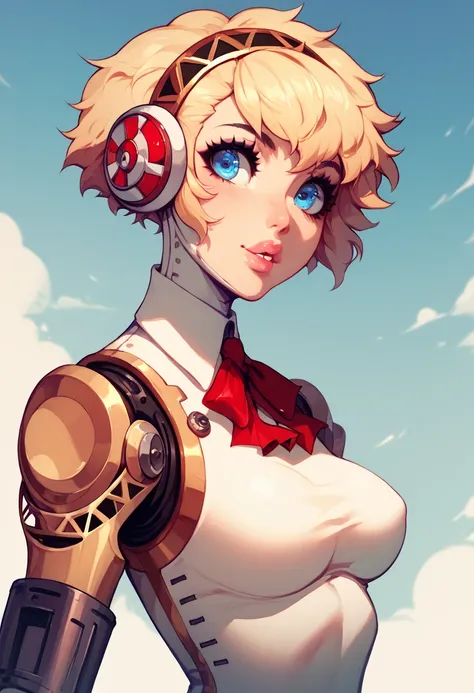 NSFW, a cute robot girl with short blond hair and blue eyes, skintight wight bodysuit, gold accents, Persona 3 fan art, blank expression, small pink lips, slim waist large bust