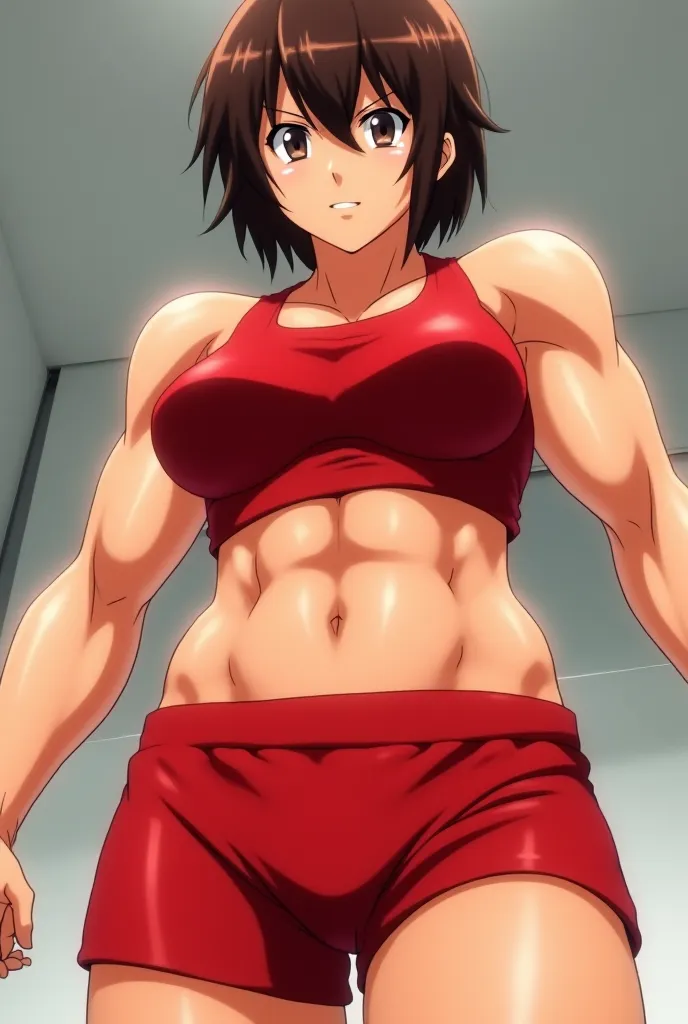 an anime woman with an extremely muscular physique.  He has short, dark brown hair , and a confident facial expression,  almost challenging . Her outfit consists of a red sports top and matching shorts, both tight and revealing her defined musculature. Her...