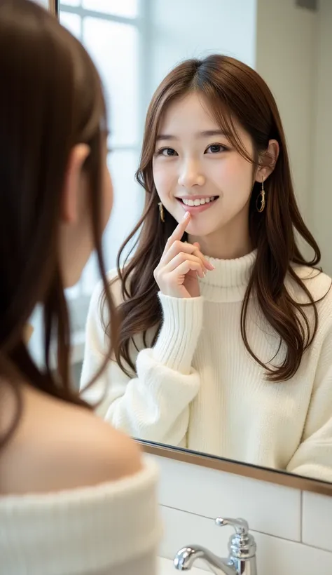  Japanese woman in her 20s、staring at a large mirror while being fascinated by myself。My hair is long brown、 loose fluffy perm。Wearing a white knit、touching my mouth。The background is a clean washroom。bust up composition through a mirror、soft light source ...