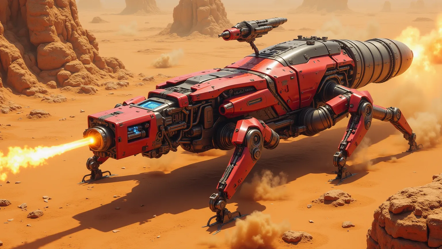 "Realistic, seen from above, Giant armored grasshopper,  red, com um pequeno torreta lança chama atirando fogo em cima dThe giant grasshopper, futurist. dusty due to the sandy terrain, reddish color, terreno Realistic com pedras e areia com coloração averm...