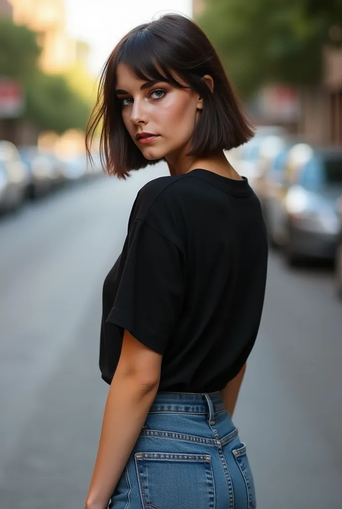 woman 25 years old green eyes serious face, make up natural sin detalles, Haircut short bob straight pear-length, Photo standing on the corner of a street, dressed in a jean skirt and black t-shirt,  from back looking back . Very casual photograph as if sh...