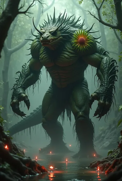 a black muscular humanoid monster with a long crocodile-style snout with green roots around its arms and a "sunflower-style plant face" On the left shoulder , long black tail,black fangs (swamp background with red lights under the swamp)