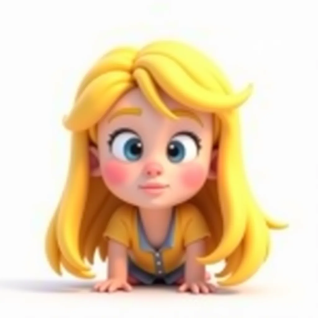 Create a Disney Pixar 3D cartoon style image of a long-haired blonde ager with the expression of someone who is listening to something and wants to know where the noise is on a white background