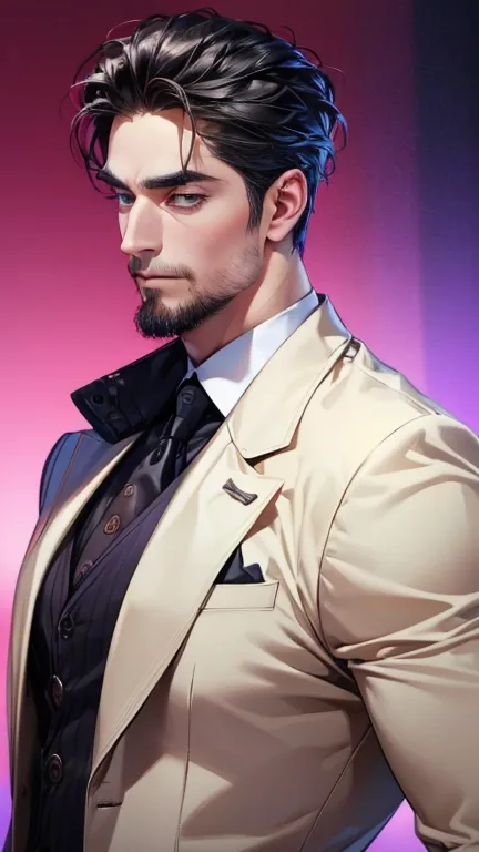 (    best quality,4K,8k,      highres,    masterpiece :1.2),    ultra-detailed    ,(Realistic,photoRealistic,photo-Realistic:1.37),36-year-old man,3 day beard,Beautiful anime,Portraits,strong,masculine,       with black hair  ,sharp jaw,           mesmeriz...