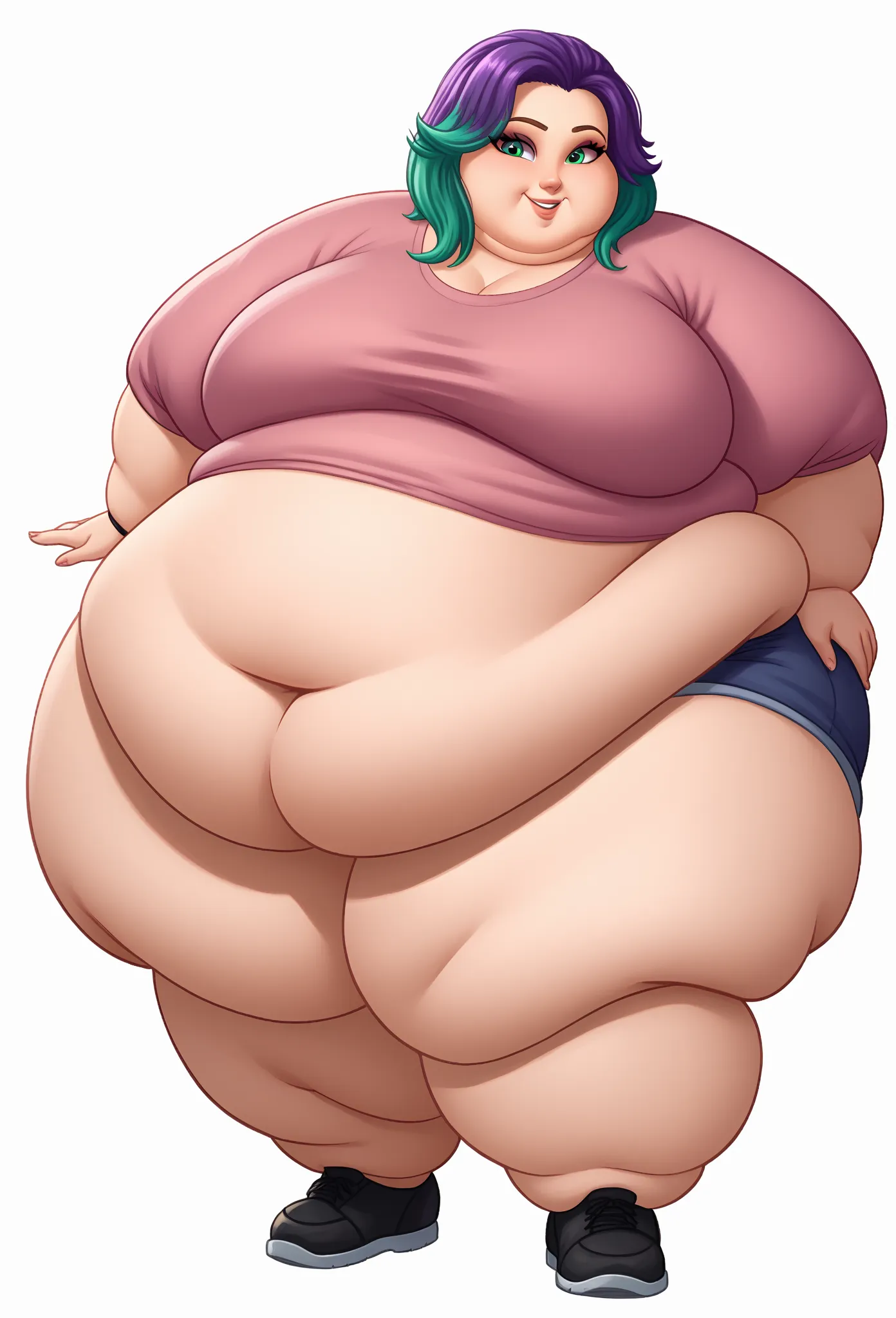  a girl, Alone , Br00klynn   (big fat body ),    green eyes , regions,   multicolored hair  , pointed purple hair   ,    short light blue-green hair , shirt,    pantalones negros ,    black shoes,   looking at spectators,    smile, ( Perfect anatomy of an ...