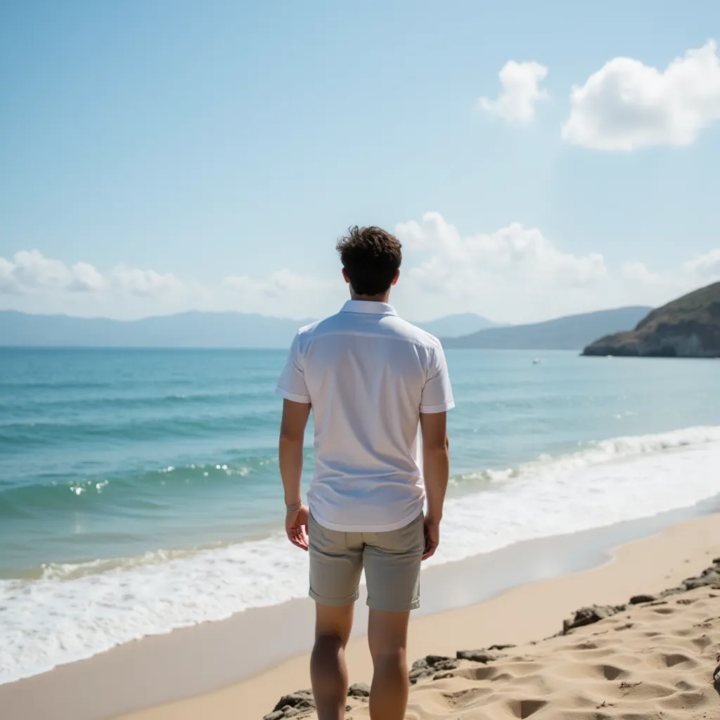 Man standing on a beach looking out to the east. The man wears shorts and white beach shirt, The beach is relaxed and beautiful. hyperrealistic image,  Cinematic light, 8K, uhdk ,  without distortion or deformation or errors , perfectly crafted .