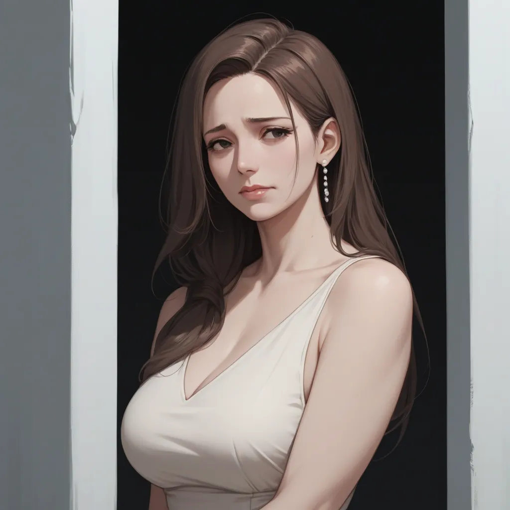 score_9, score_8_up, score_7_up, expressiveh, 1girl, She has a sad smile, mature female, Mother, mature face, slim body, pale skin, brown Hair, white dress, she have dark brown eyes, Long hair, Black walls, no Windows, basement, no light, all Black wall, a...