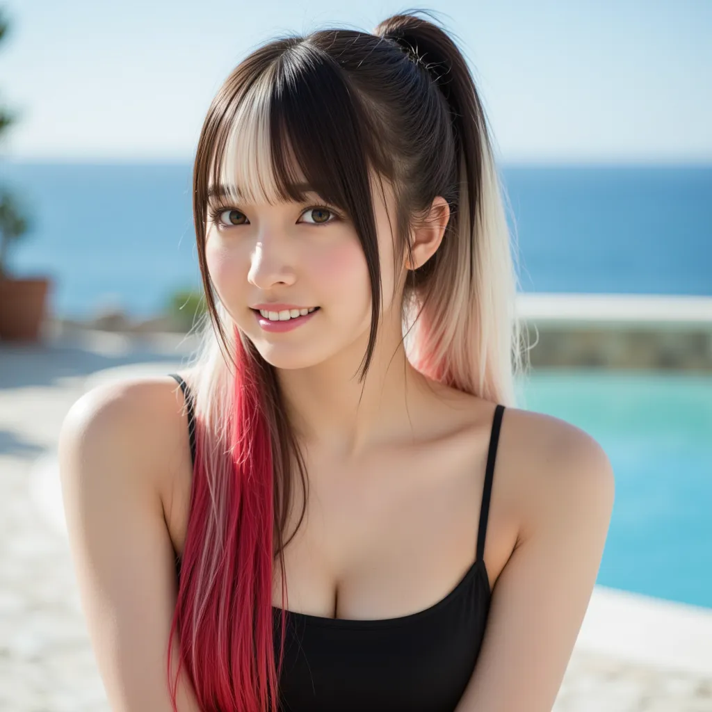 Silky smooth hair、Three hair colors: white blond hair, black hair, and red hair、Flush the bangs、 hairstyle is straight、Long hair up to chest、From a distance、ponytail、swimsuit、