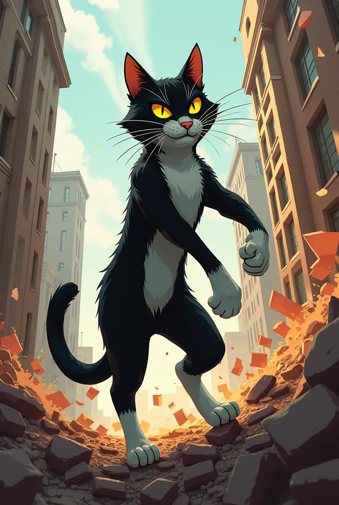 Tuxedo cat destroying a building