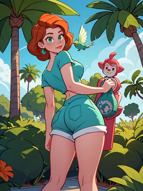 Annie Hughes, wearing a summer outfit with a turquoise top and green shorts, standing in a tropical garden surrounded by vibrant greenery, exotic flowers in turquoise, and colorful birds flying around. The scene is bright, lively, and captured in high-qual...