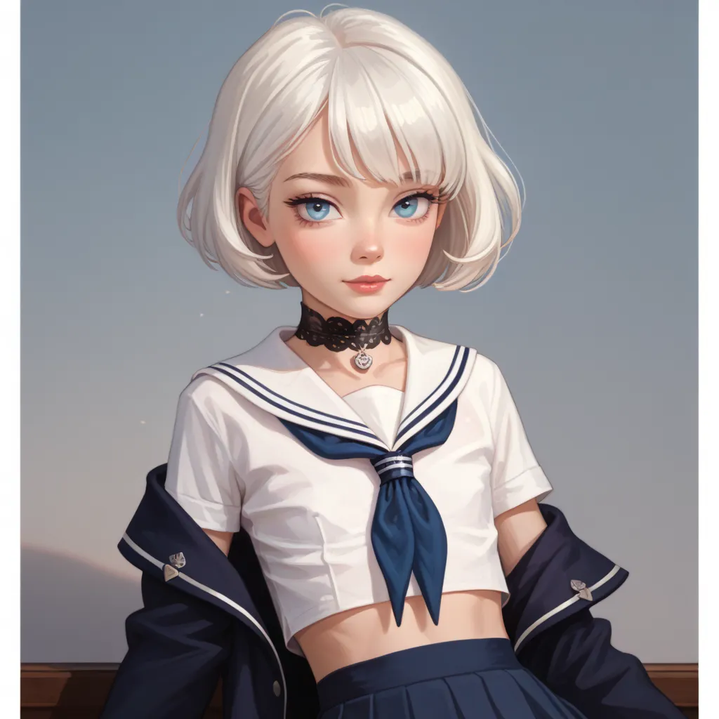 Beautiful eyes, blue eyes, short hair, white hair, choker, school uniform, very skinny, flat chest, sitting position, (high sharpness)