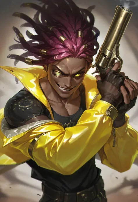 Score_9, Score_8_up, Score_7_up, Score_6_up, \(quality\), L0LSPL4SH, year2024, year2023, 1male, solo, pink hair, long dreadlocks, dark skin, yellow eyes, detailed face, crazy smirk, crazy look, upperbody, long yellow jacket, open jacket, black tank top, po...