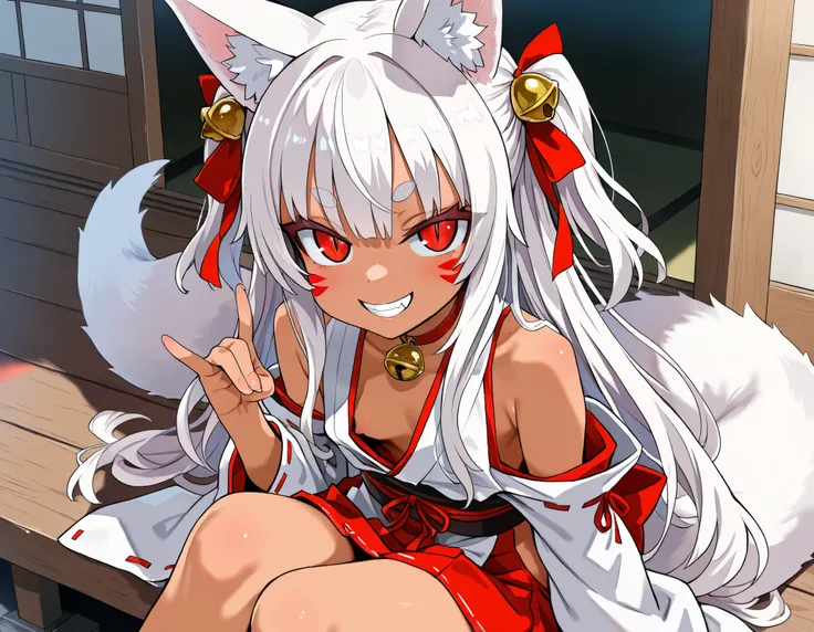 (best quality, highest quality:1.2), masterpiece, Ultra-high resolution, rich contrasts, HD, 8k, fine skin, no makeup, ideal ratio body proportions,
1girl, anime girls, asanagi style, mesugaki, dark skin, tan, red eye, slit pupils, ((white fox ear, white f...