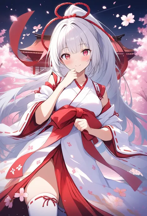 1 girl、 shrine maiden clothes、ruffle socks、low angle、embarrassing、Cross Race Legwear、masterpiece、Highest quality、 Silver Hair、Scarlet Eyes、moderately developed breasts、 Beautiful Flower Garden Scenery、Pretty Girl、ponytail、smile、 (masterpiece), ( Highest qu...