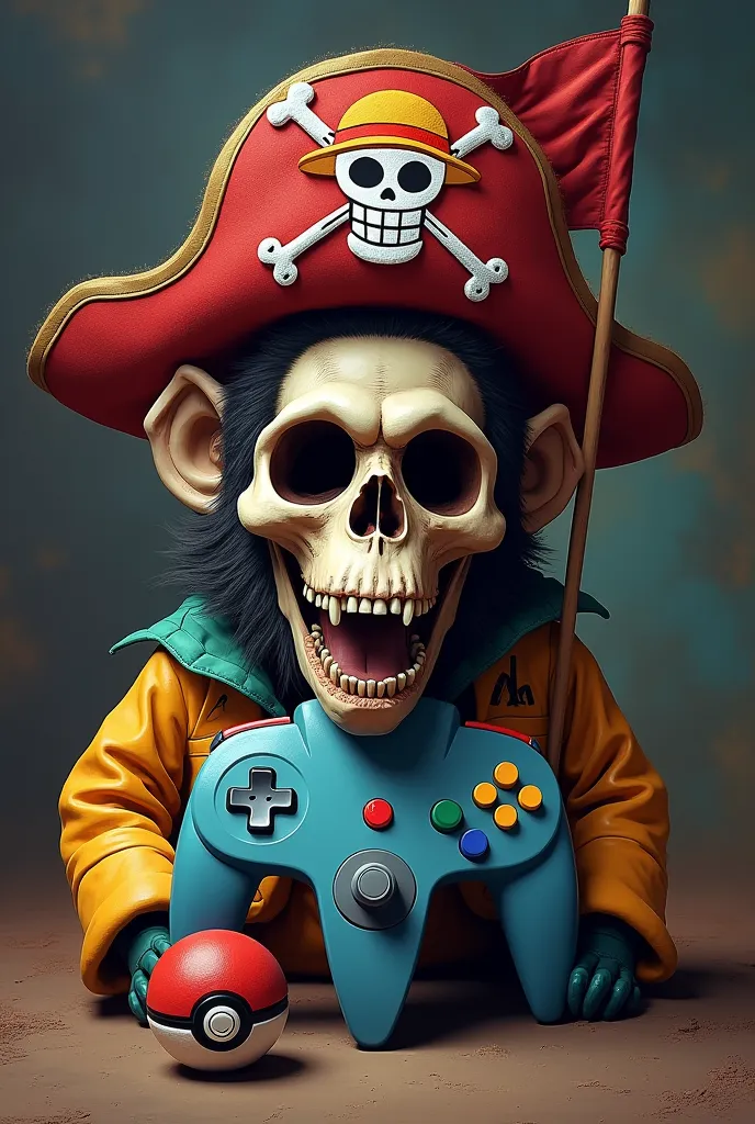 Pirate chimpanzee skull flag with Luffy hat, with Nintendo 64 background controller and Pokeball