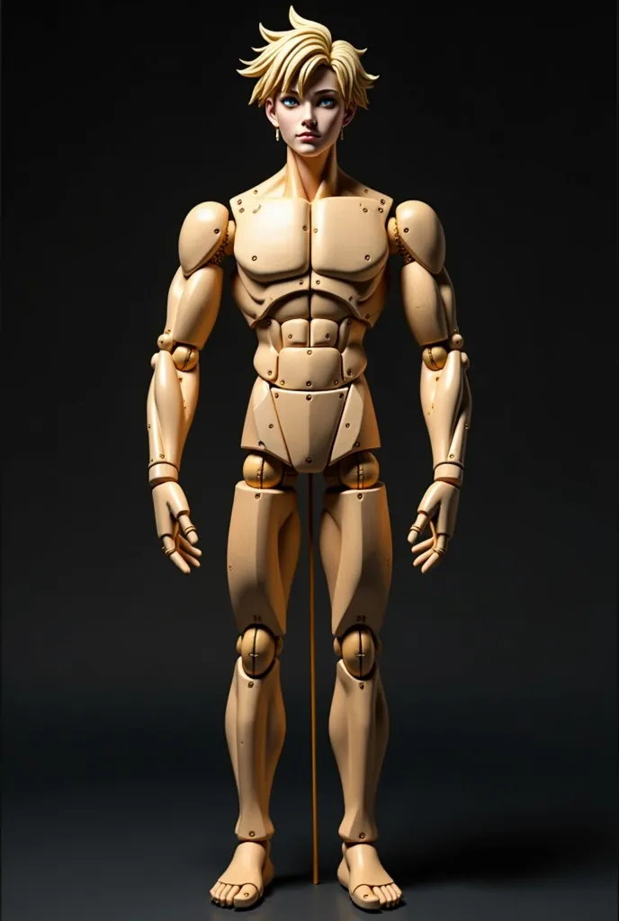 An 18-year-old anime-style boy completely transformed into a muscular wooden marionette, shown from head to toe. His adult physique features detailed carving, showcasing muscles, joints, and puppet strings attached to his limbs. Expressive eyes and styled ...