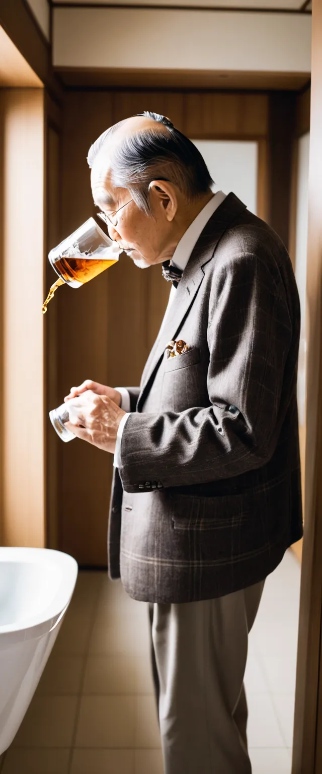 the side view of a Japanese old gentleman drinking whiskey from a bottle in the bathroom