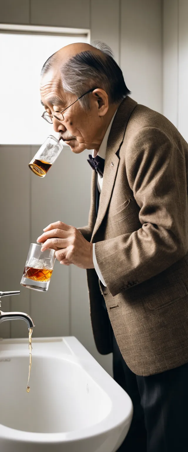 the side view of a Japanese old gentleman drinking whiskey from a bottle in the bathroom