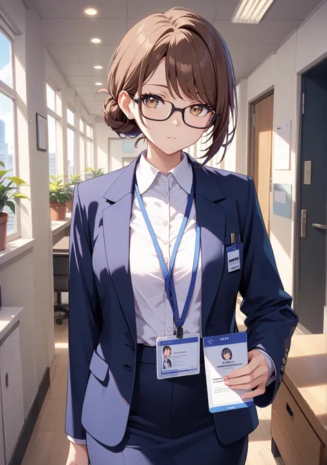 company,walk,1 girl,office lady,navy skirt,white shirt,low bun,brown hair,brown eye,short hair,swept bangs,navy jacket , expressionless, her eyelids heavy,,Glasses,,id card holder, office,,looking at another,Have documents