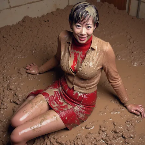 During huge rain of the liquid mud a wake Inoue smearing on own clothes liquid shit, poo, slime, food waste, deep diving in mud, sitting in a sewer, crawling in shot for maximum staining in shit own clothes. Her clothing coated fully coated in liquid shit,...